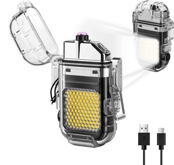 Waterproof LED Flashlight Plasma Lighter  USB Rechargeable Keychain Torch  Windproof Flameless Mini Lantern for Outdoor, Camping, Hiking