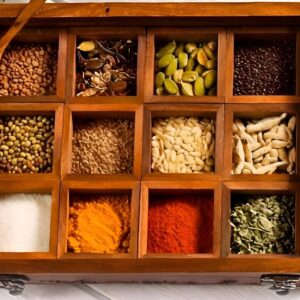 Wooden Spice Box for Kitchen | Sheesham Wood Masala Dabba with 12 Removable Containers & Spoon | Glass Lid Spice Organizer for Counter, Drawer & Storage, Brown