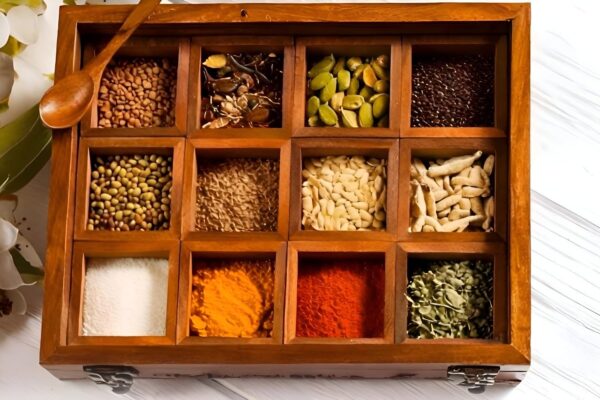 Wooden Spice Box for Kitchen | Sheesham Wood Masala Dabba with 12 Removable Containers & Spoon | Glass Lid Spice Organizer for Counter, Drawer & Storage, Brown