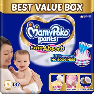 MamyPoko Pants Extra Absorb Baby Diapers, Small (S size)  4-8 kg  132 Count Deep Sleep Diapers Soft gentle fit Deep Absorbent Crisscross  skin friendly with coconut oil