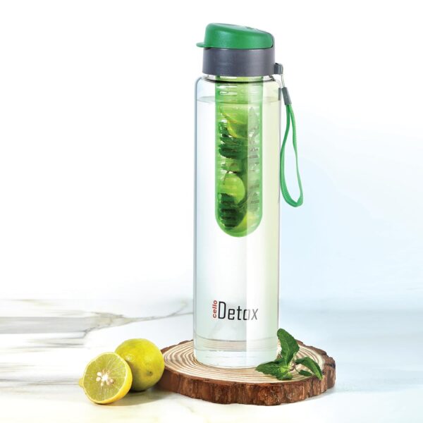 Cello Fruit Infuser Glass Water Bottle 750ml, Green  Wide Sealed Flip-Top Cap, Leak-Proof, Durable  Airtight, Reusable Detox Infuser Glass Bottle for Fridge, Gym, Office, Travel, Kitchen & Trekking